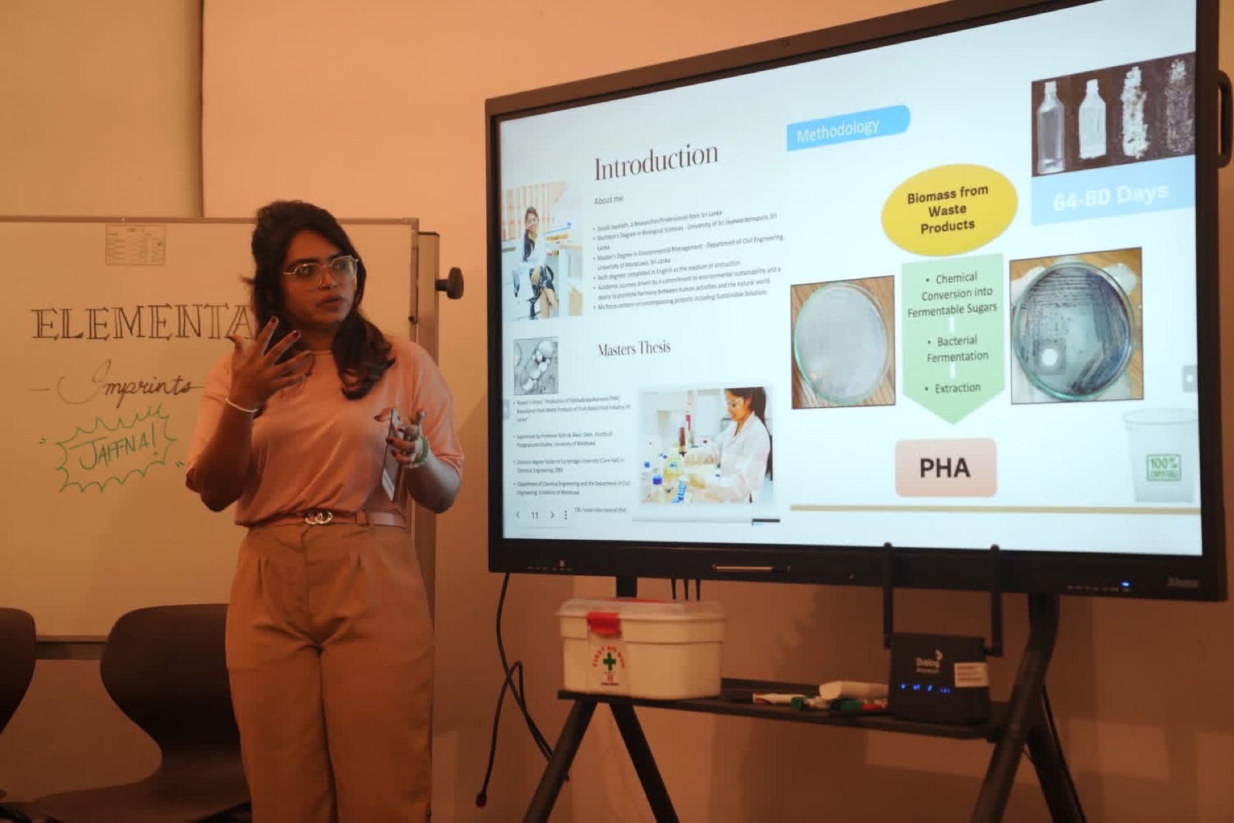 Sanali presenting the PHA production pathway from waste biomass through fermentation and extraction